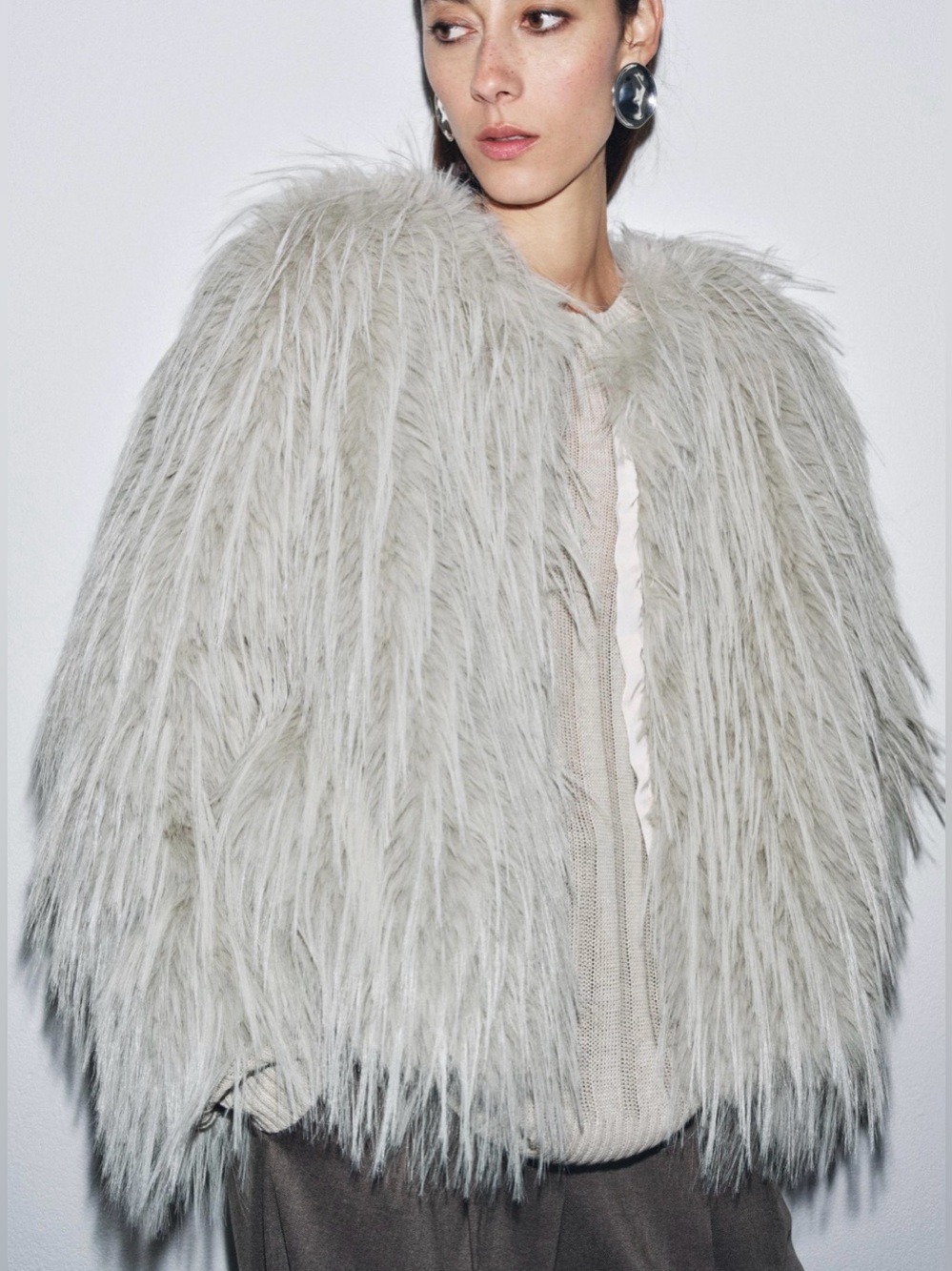 ZARA NEW WOMAN ZW COLLECTION FAUX FUR COAT LIGHT GREY S